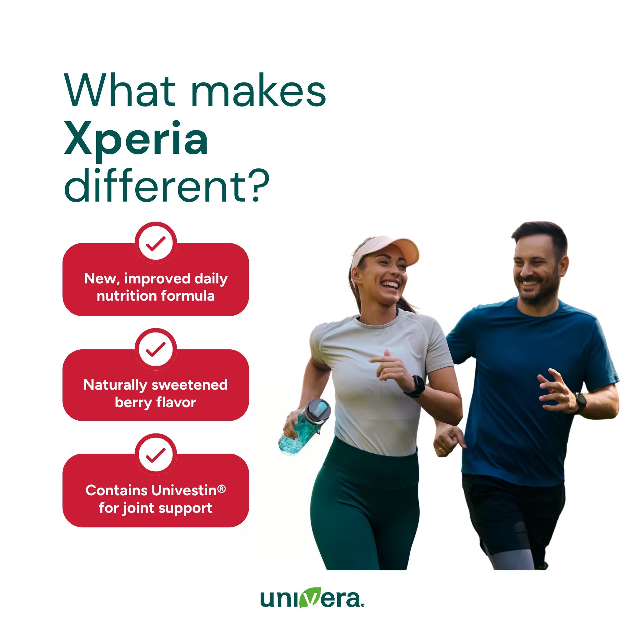 Two people running with a product selling point text for Xperia, featuring Univera brand.