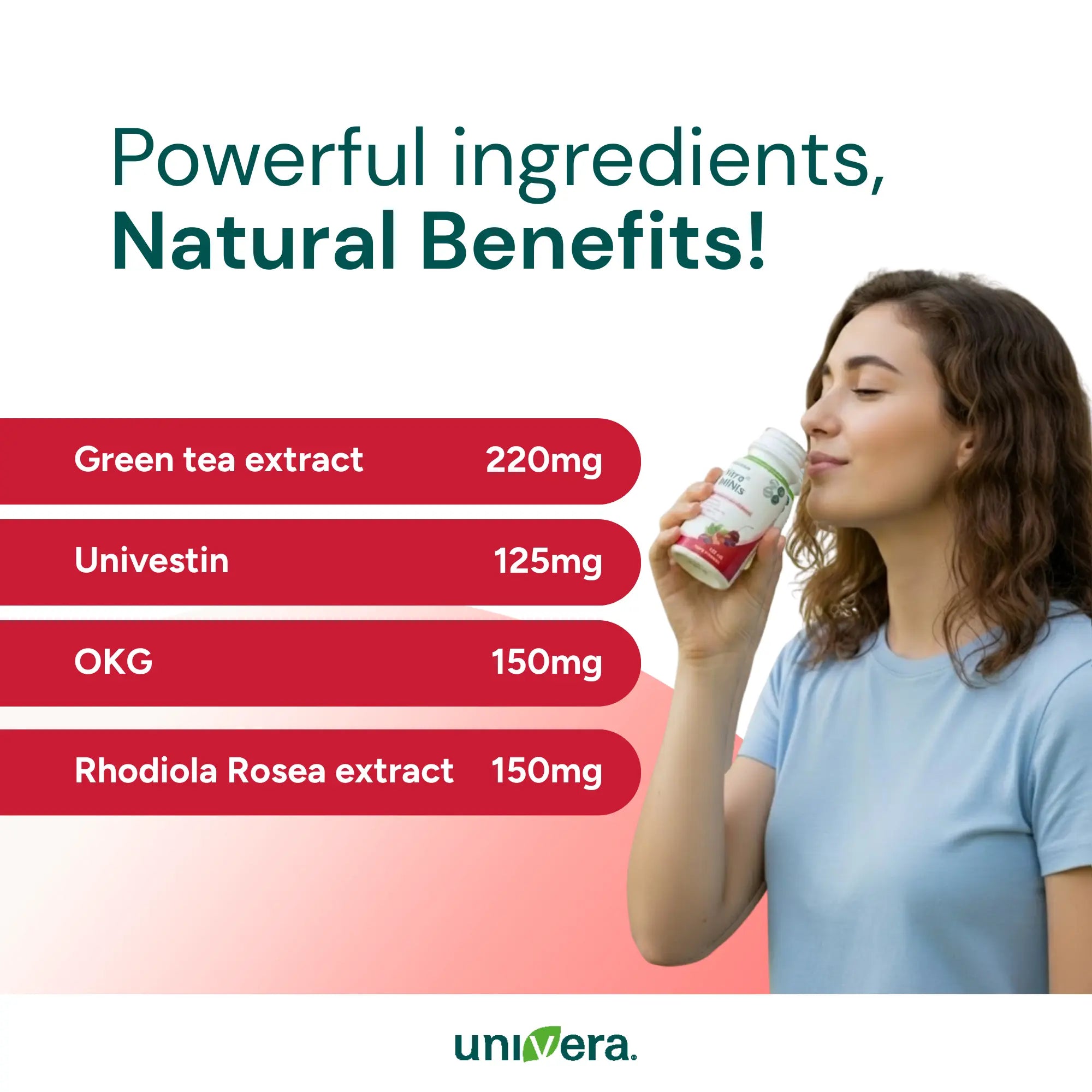 Woman holding a supplement bottle with text about powerful ingredients and natural benefits, branded as Universa.