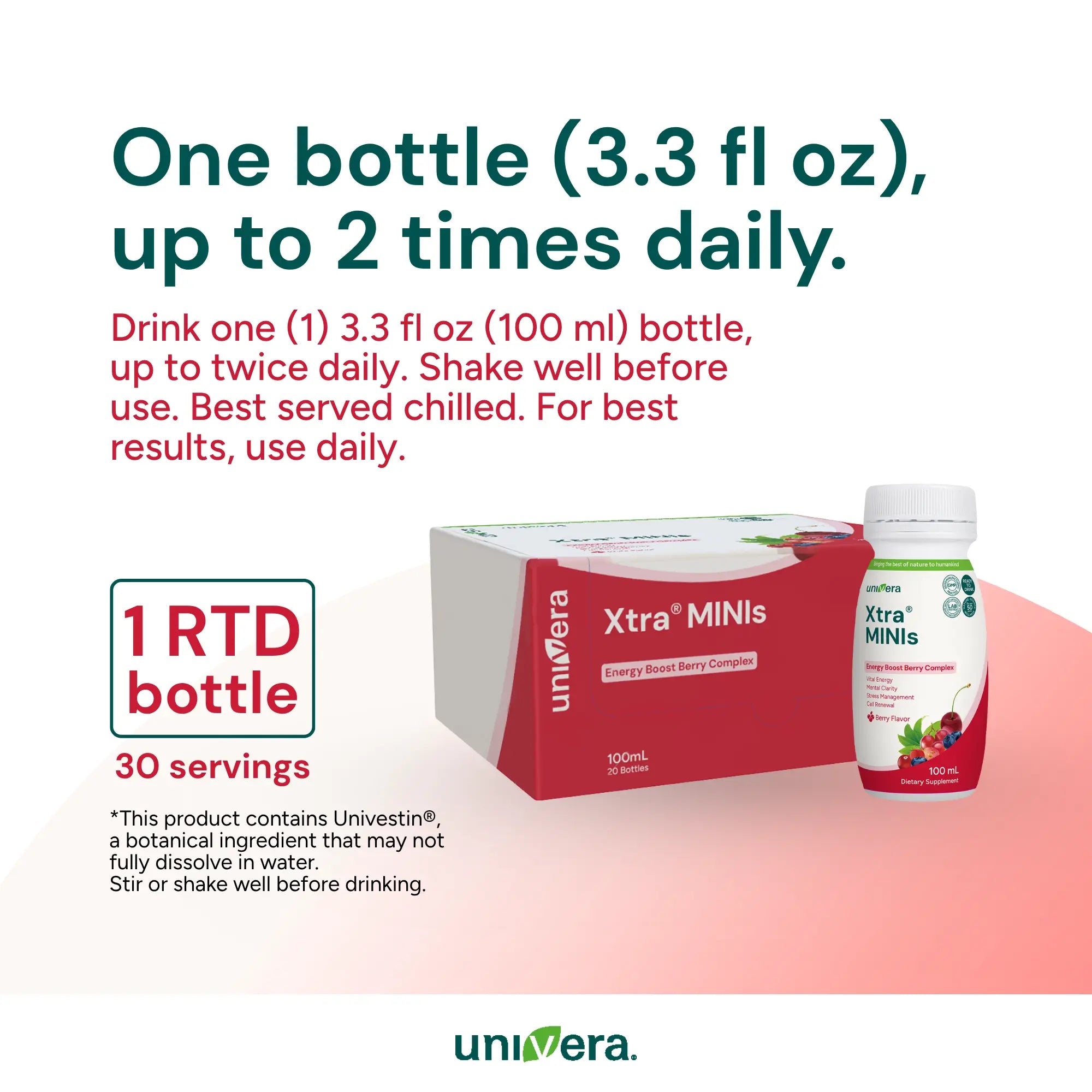 Univera Xtra Minis supplement packaging with text on usage and branding.
