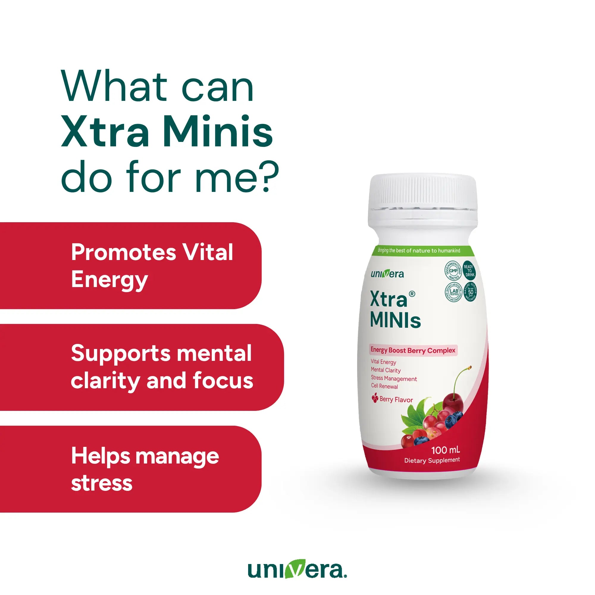 Univera Xtra Minis supplement bottle with benefits listed on a white background
