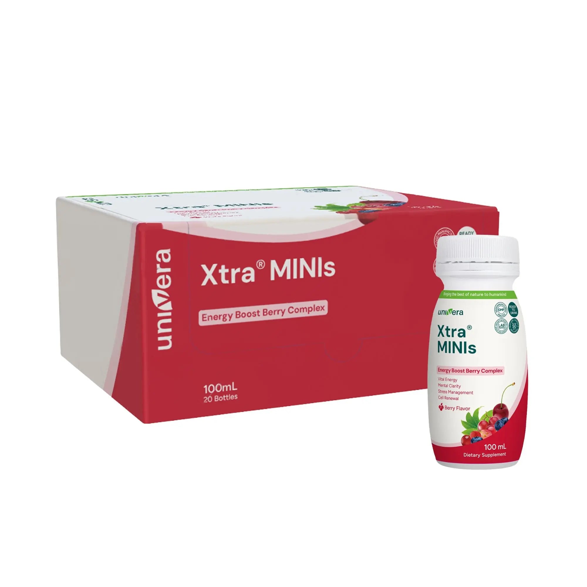 Xtra MINIs energy boost berry complex packaging with a bottle on a white background