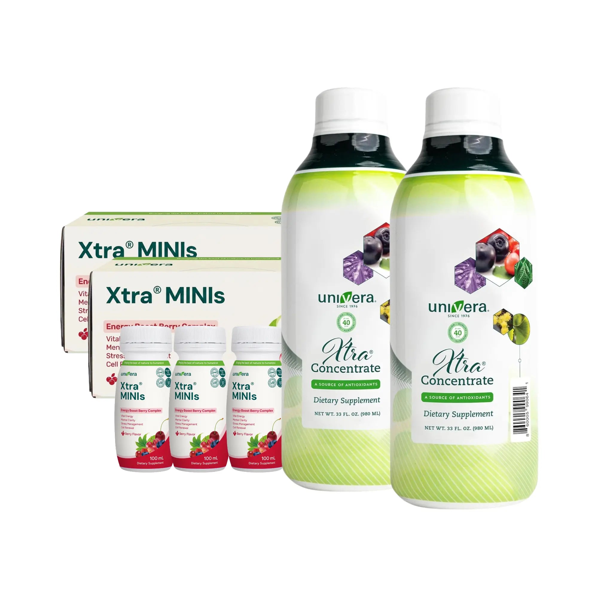 Univera Xtra MINIs and Xtra Concentrate dietary supplement products on a white background