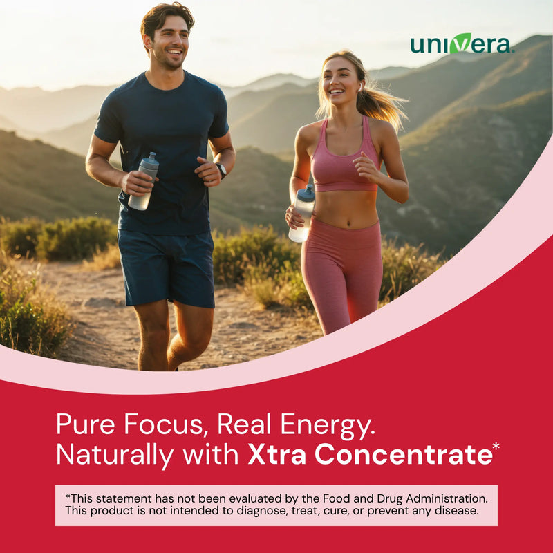 Two people running outdoors with a mountainous background, featuring the Univera brand.