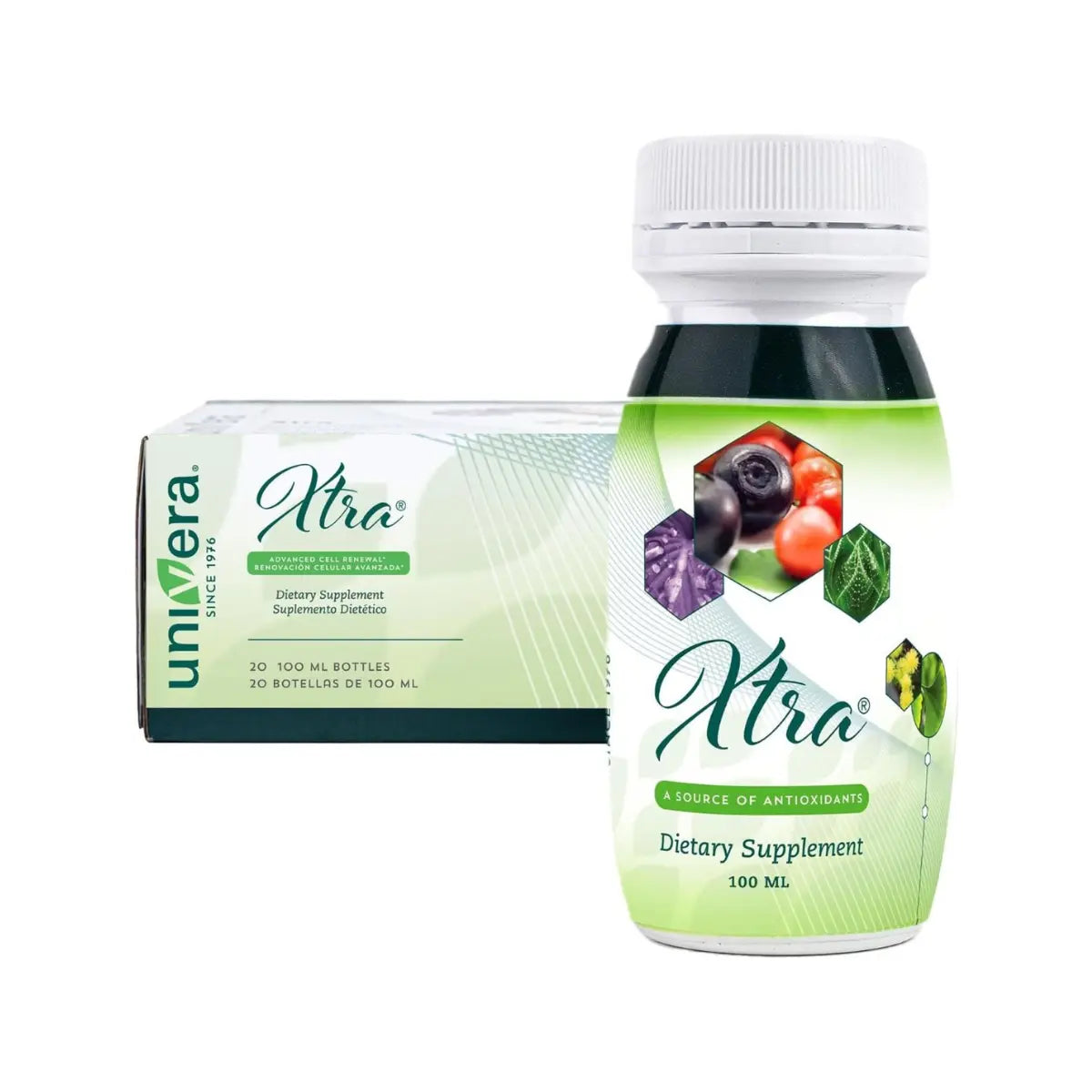 Univera Xtra dietary supplement bottle with packaging on a white background