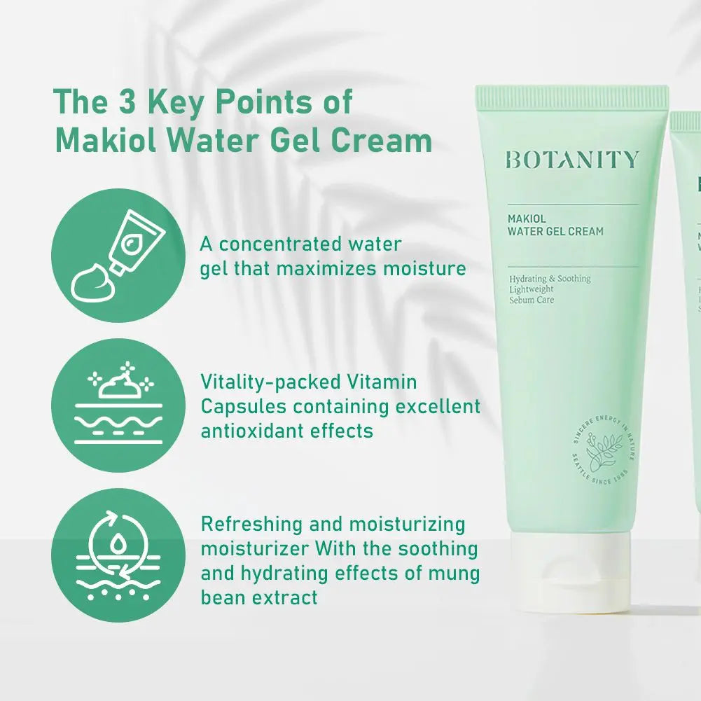 BOTANTY Makiol Water Gel Cream with key points highlighted on a white background