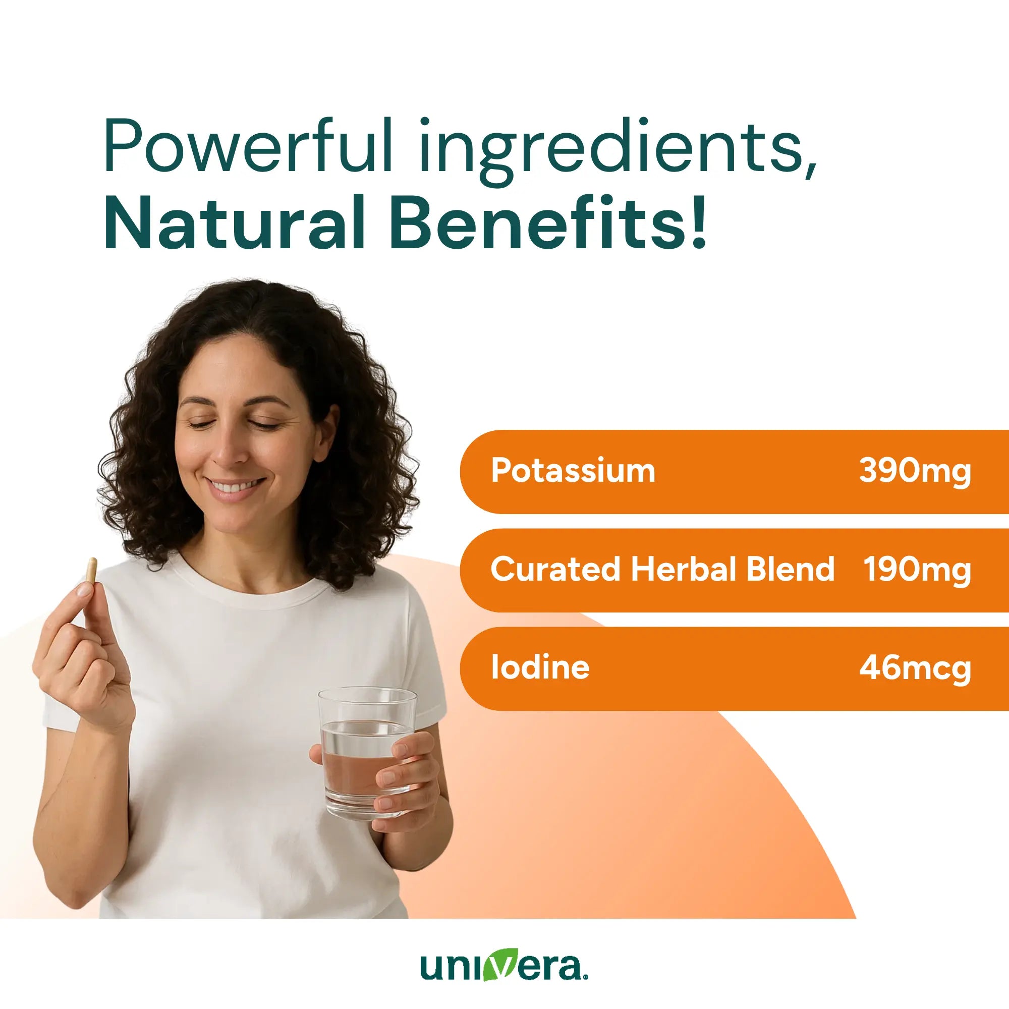 Woman holding a pill and glass of water with nutritional information on a white background, featuring the Univera brand.