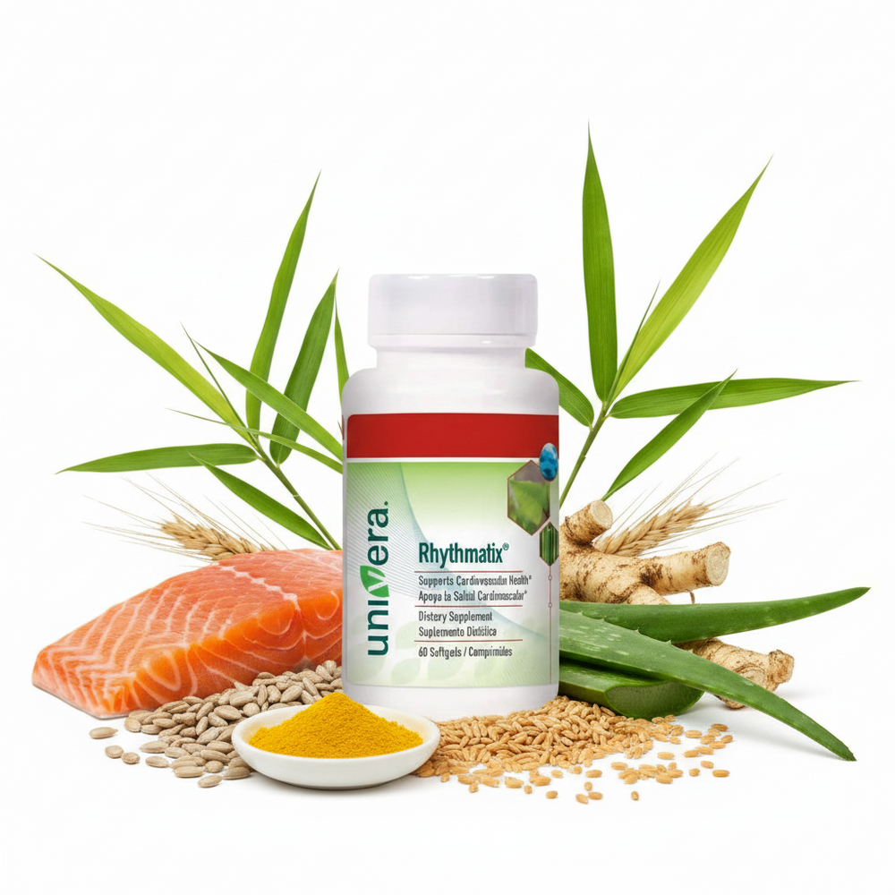 A bottle of univera Rhythmalix dietary supplement centered on a white background, surrounded by natural ingredients including a salmon fillet, wheat, aloe vera leaves, ginger root, and a small dish of yellow powder.