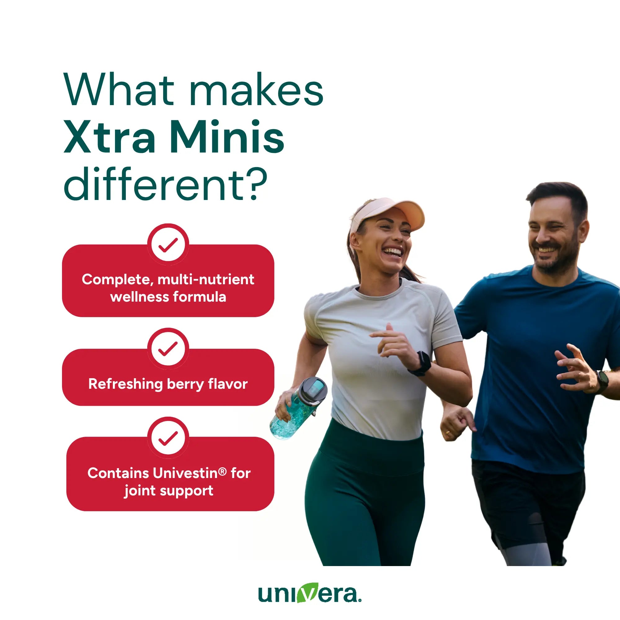 Two people running with a product advertisement for Xtra Minis, highlighting its features and Univera brand.